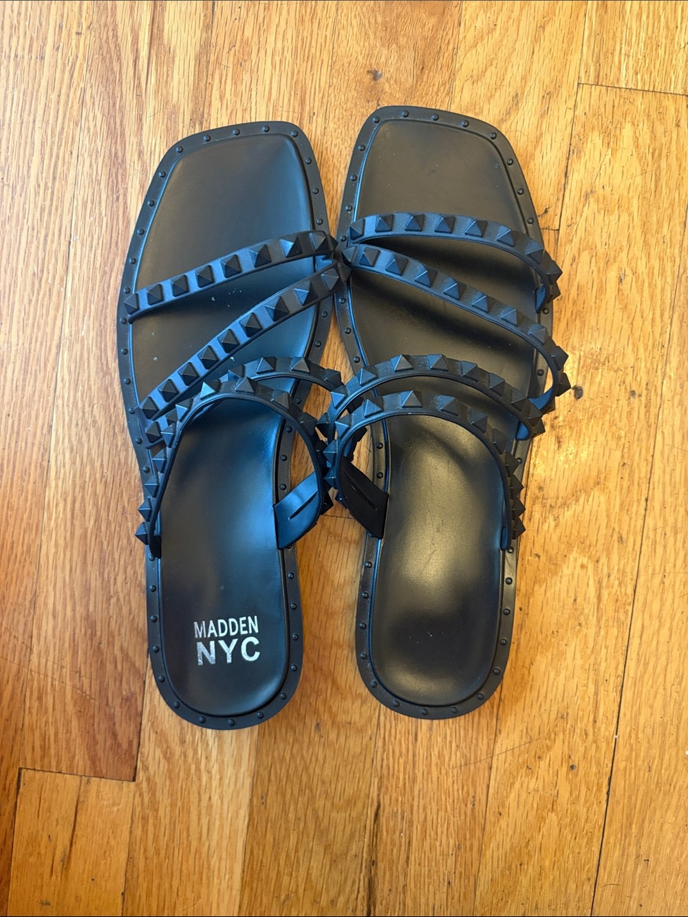 Madden NYC Black Stud-Accent Slide Sandals